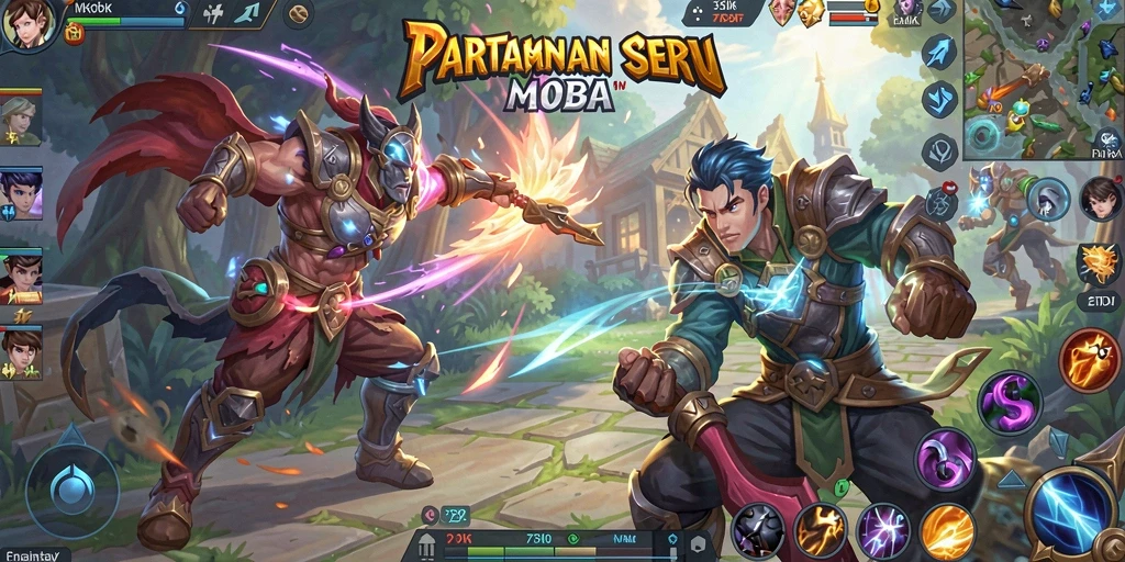 Screenshot gameplay 73K menampilkan aksi pertarungan MOBA yang mendebarkan.