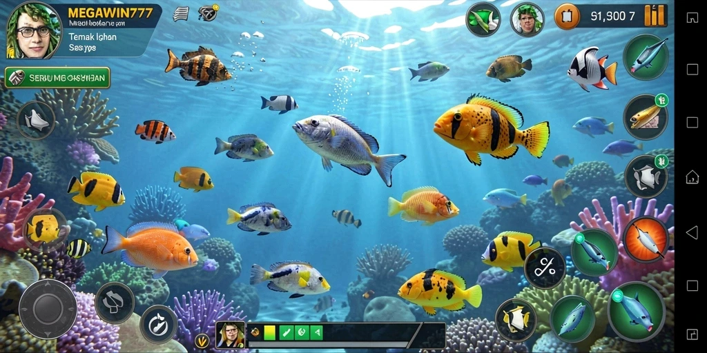 Tangkapan layar gameplay MEGAWIN777 dengan ikan berwarna-warni.