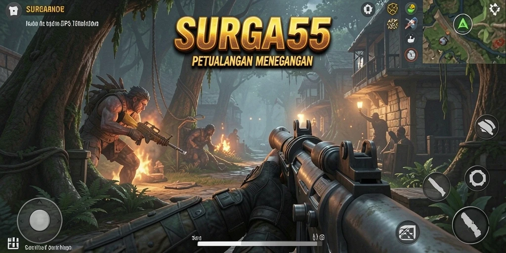 Tampilan dinamis gameplay SURGA55 dalam pertarungan TPS yang intens.